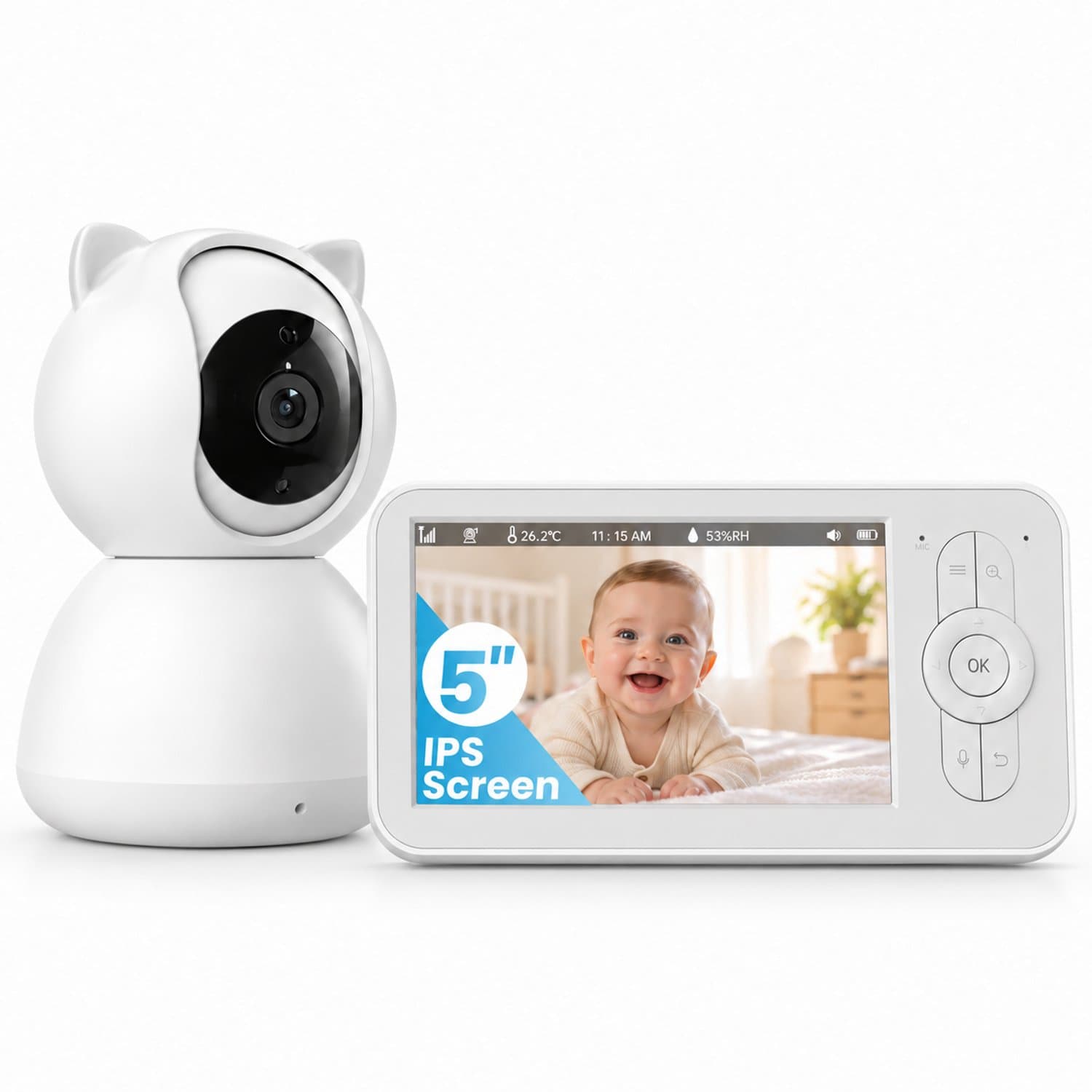 Babyfoon met Camera Zonder WiFi – 5 inch Scherm – 355° PTZ – VOX – Nachtzicht – Tweeweg Audio – 8 Slaapliedjes – 22 Uur Batterij – 260m Bereik