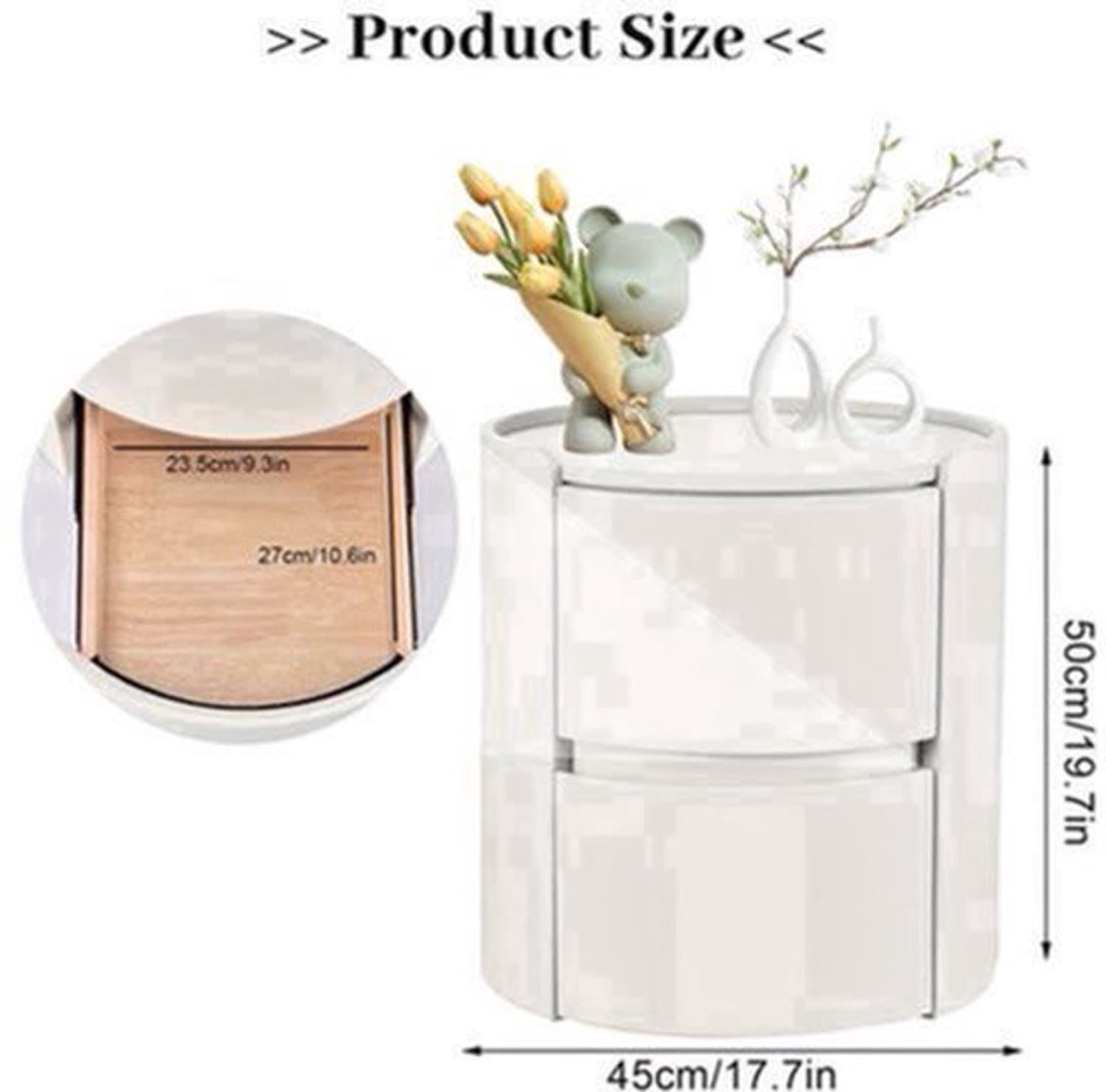 Ronde Nachtkastje – Modern Houten Nachtkastje – Minimalistisch Bedside Table – Compacte Ladekast – Slaapkamer Organiser – Massief Hout – Twee Laden – 45x45x50 cm – Duurzame Constructie Khaki
