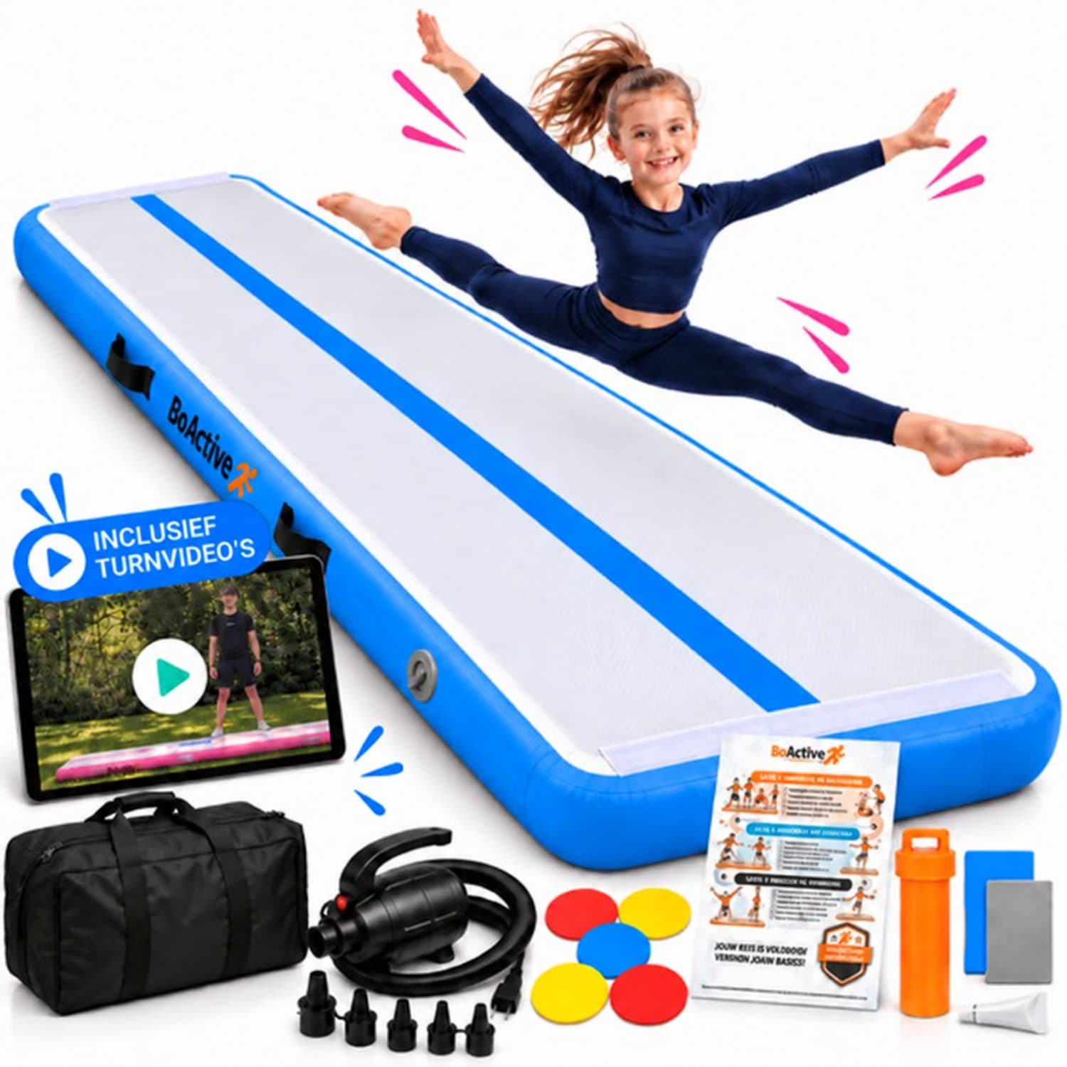 BoActive® AirtrBoActive® Airtrack 300x100x10 cm - Turnmat voor Kinderen - Inclusief Elektrische Pomp & Gratis Oefenvideo's - Gymmat - Binnen & Buiten - Waterproof