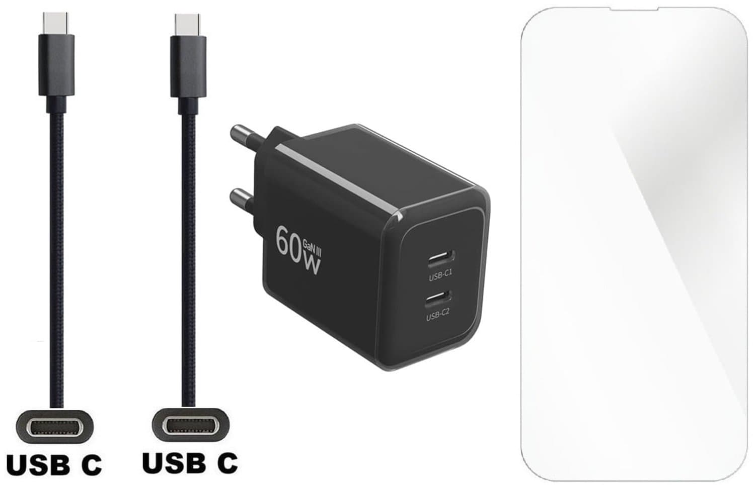 OneOne 60W super snellader met 2 USB C poorten en screenprotector van glas voor iPhone 15 met 2,0m sterke USB C naar C kabel. Krachtige oplader. AVS, PPS, GaN 3, PD lader adapter. Glazen screenprotector past op Apple iPhone 15