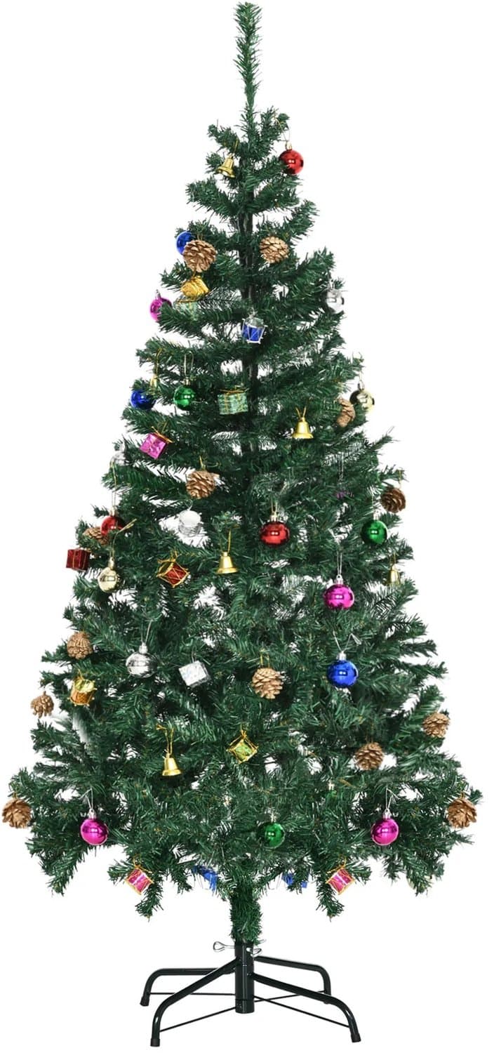 Veya Kunstkerstboom - 150 cm - Met 48 ornamenten - Smal - Incl. standaard - 420 takken - Binnen en buiten - Diameter 75cm - 2kg