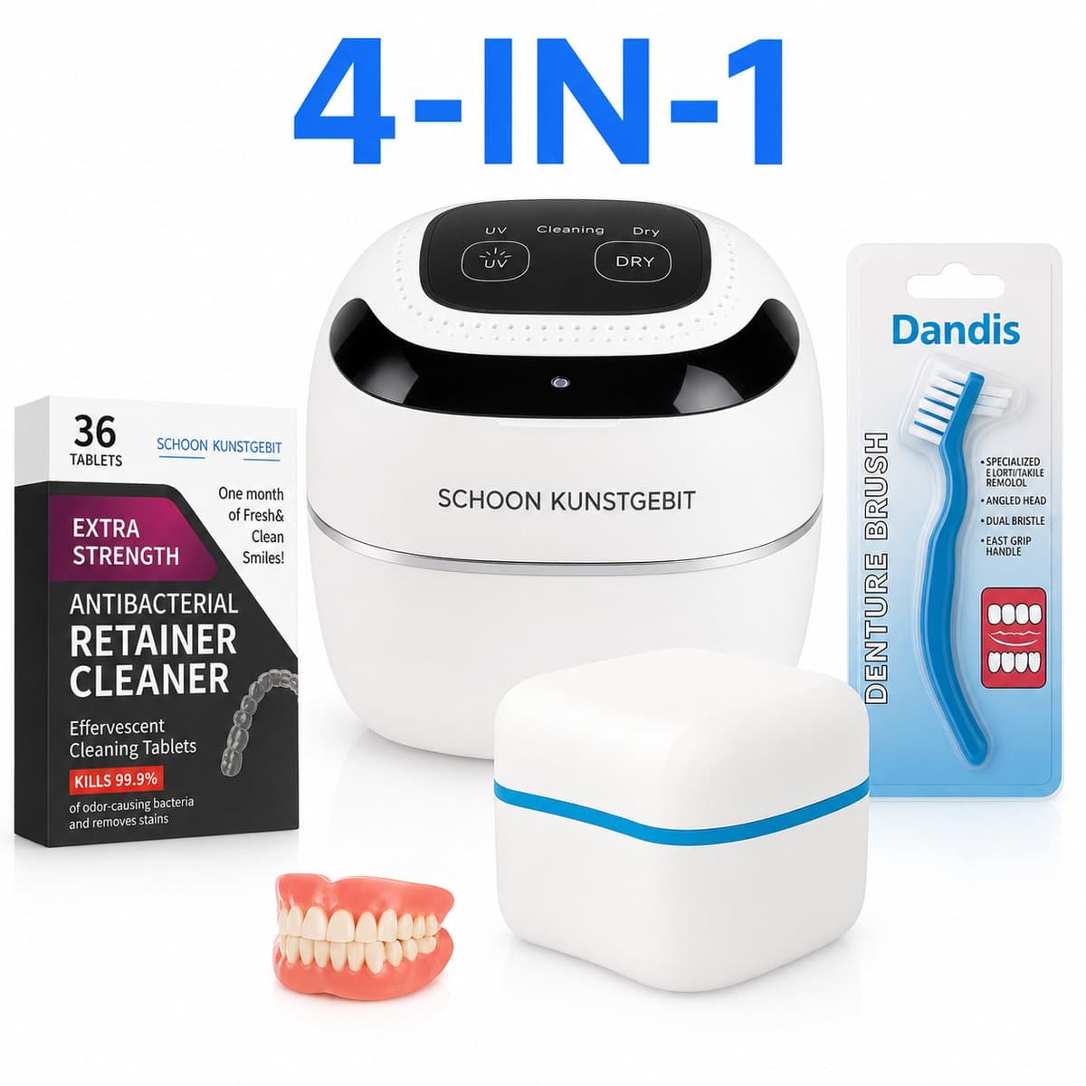 4-in-1 Professionele Kunstgebit & Prothese Schoonmaakset – Ultrasone Reiniger, Reinigingstabletten, Borstel & Gebitsbakje – Complete Nazorg Thuis