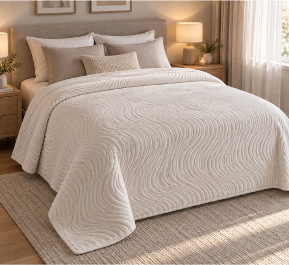 Deluxe Bedsprei 240 x 220 cm roomwit - golfjes patroon