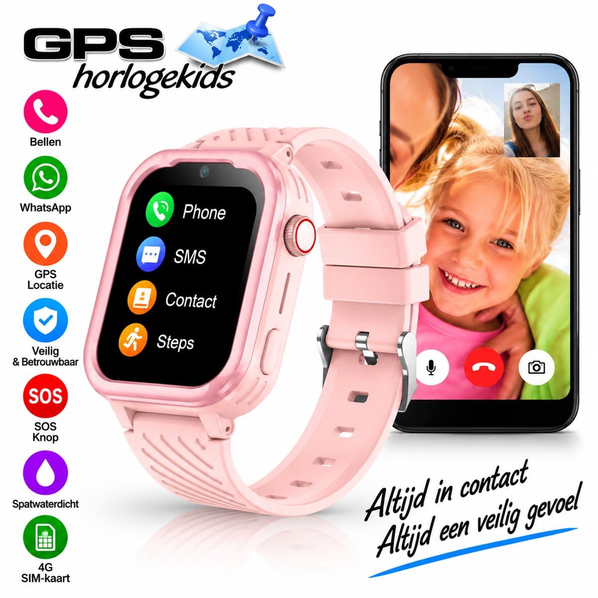 GPSHorlogeKids© - GPS horloge kind - smartwatch kinderen - WhatsApp - 4G videobellen - spatwaterdicht - SOS alarm - SMS - incl SIM - Turn Roze