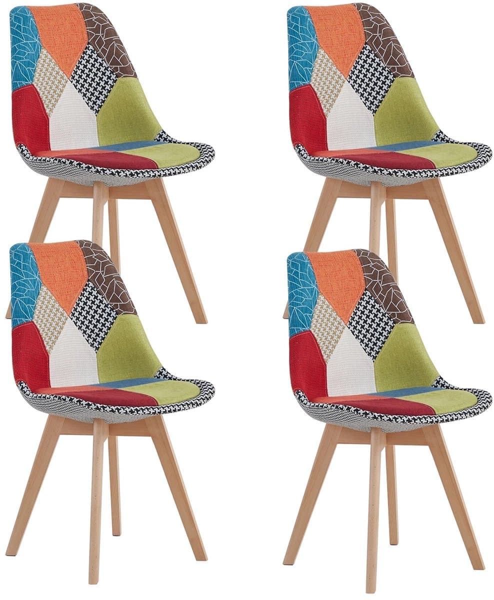 Aiverig® Eetkamerstoelen Set van 4 – Groen-Rood-Blauw Design – Gestoffeerde Linnen Stoelen met Houten Poten – Ergonomische Rug & Ademend Zitkussen – Zithoogte 50 CM – Voor Eetkamer, Keuken, Balkon & Restaurant