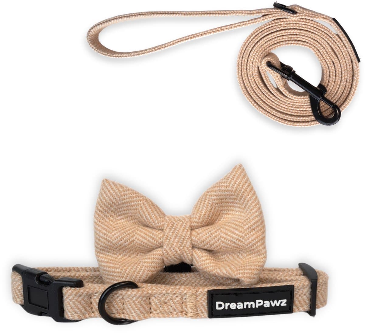 DreamPawz - 3-Delige Set van Halsband met Strik & Leiband - Visgraat - Middelmatige Honden - Beige - M