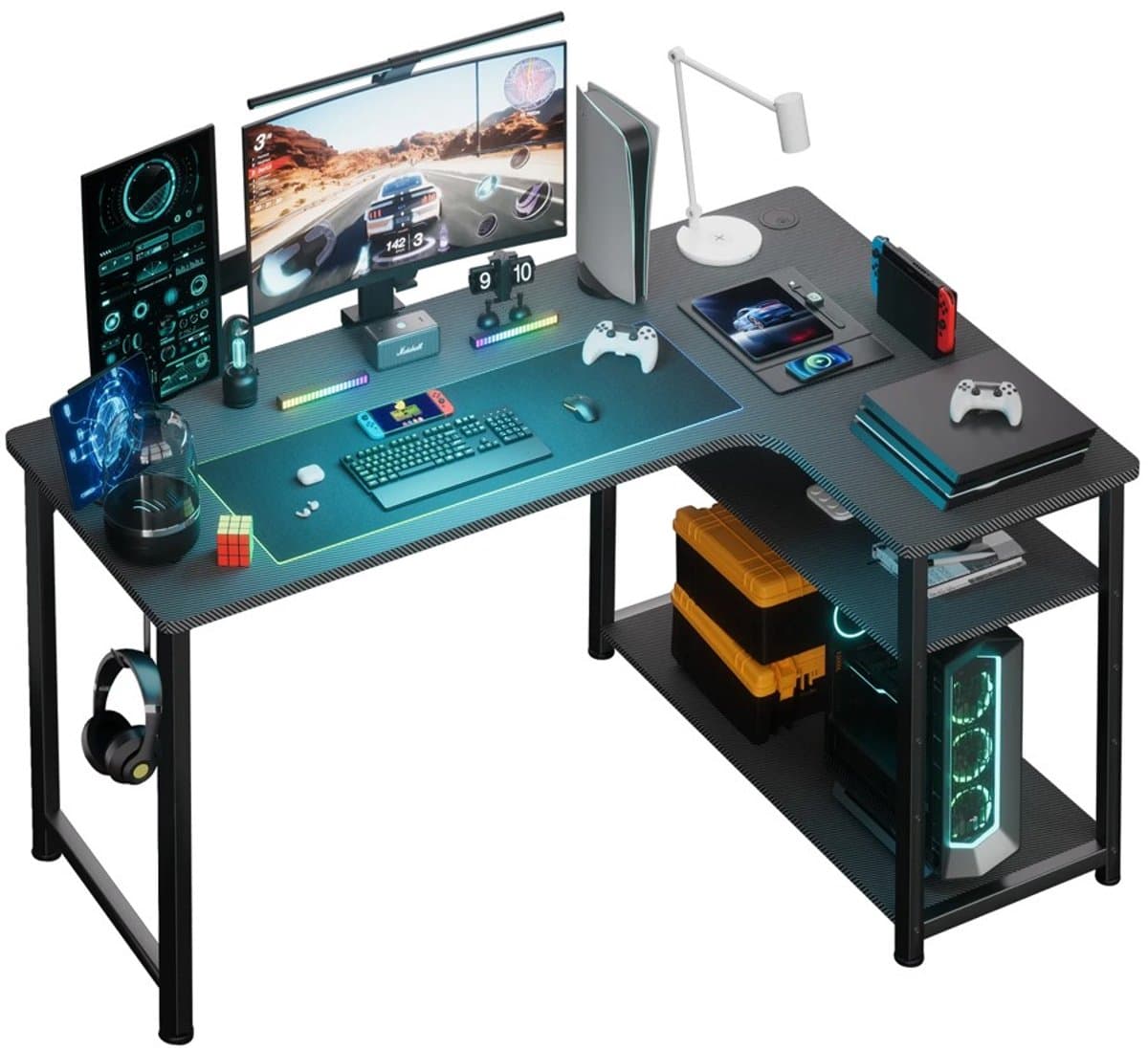 Paco Goederen ® Bureau Speeltafel Met Plank - Gamingbureau L-vorming bureau - Met Usb Oplaadpoort En Stopcontact, 120cm - Computer Tafel