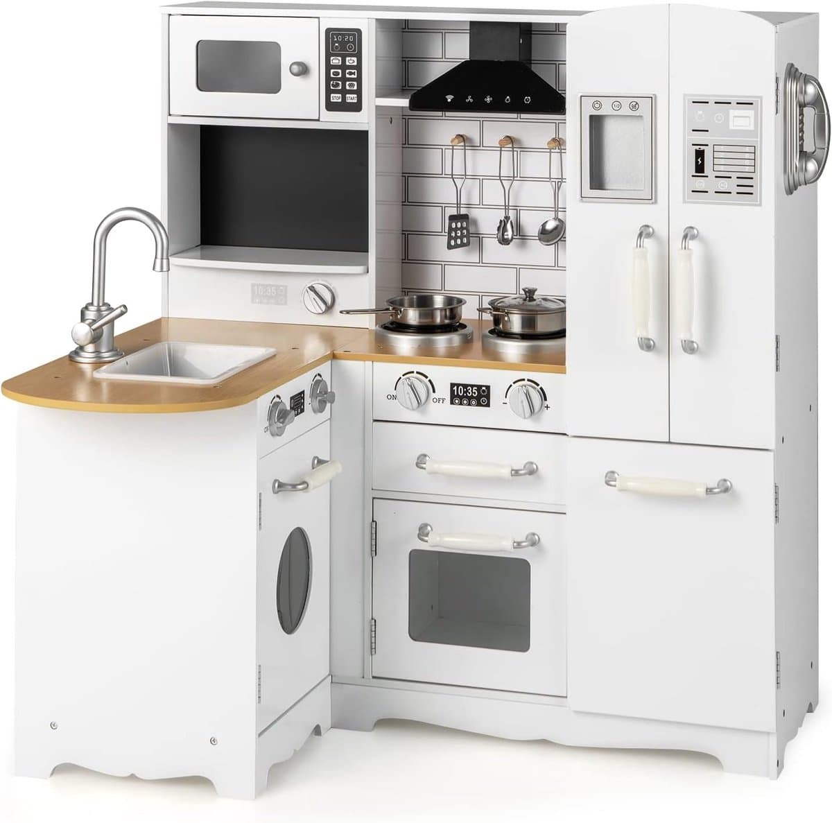 COSTWAY Kinderkeuken met accessoires, hoekspeelkeuken, hout, incl. koelkast, waterkraan, gootsteen, fornuis, telefoon, hoekkeuken, speelgoedkeuken voor kinderen vanaf 3 jaar