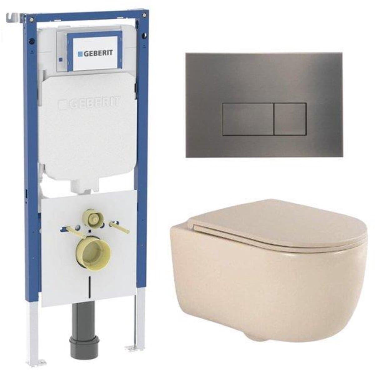 QeramiQ Dely Swirl Toiletset - 36.3x51.7cm - Geberit UP720 Duofix Sigma inbouwreservoir - slim zitting - gunmetal bedieningsplaat - rechthoekige knoppen - beige