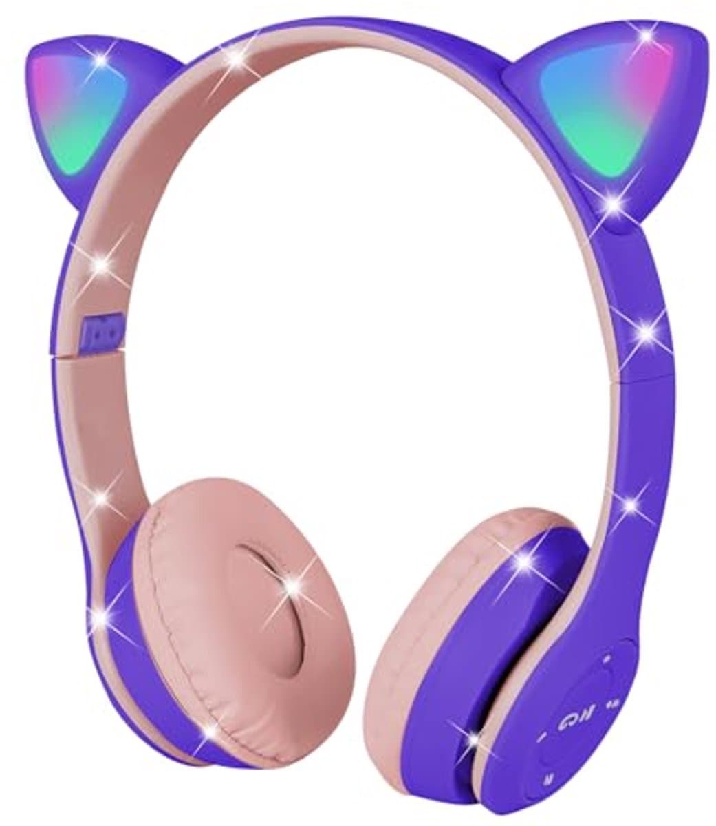 AXFEE Bluetooth Kids Headphones, LED Light Up Cat Ear Wired/Wireless Headphones, HD Stereo Sound, Foldable Children Headphones for PC Phone Pad Study Travel School, Suitable for