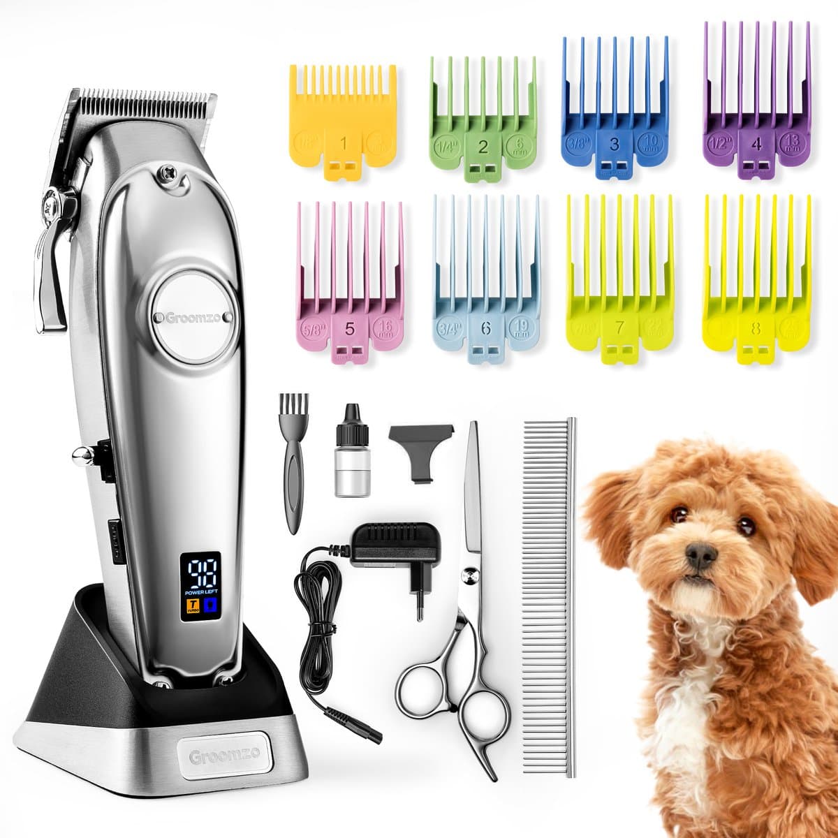 Hondentondeuse Dikke Vacht - Draadloos 5,5u - Fluisterstil <50dB - 2 Snelheden - Hondentrimmer - Honden Tondeuse Trimset - Video & E-book - RVS - Groomzo