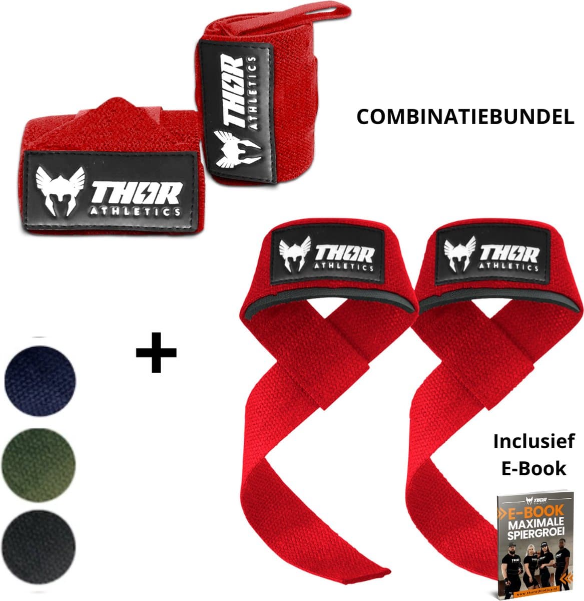 Thor Athletics Lifting Straps incl. Wrist Wraps 60cm (Flexibel) - Combinatie Bundel - Krachttraining Accessoires - Powerlifting Straps - Polsbrace - Rood - Inclusief E-Book - One Size