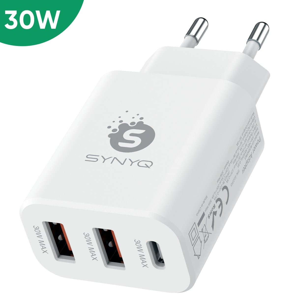 Synyq 30W GaN2 Super Snellader 3-Poort - 2x USB-A & 1x USB-C - Gecertificeerd - Snellader usb c - Usb c lader - Usb c oplader - Usb c adapter - Wit