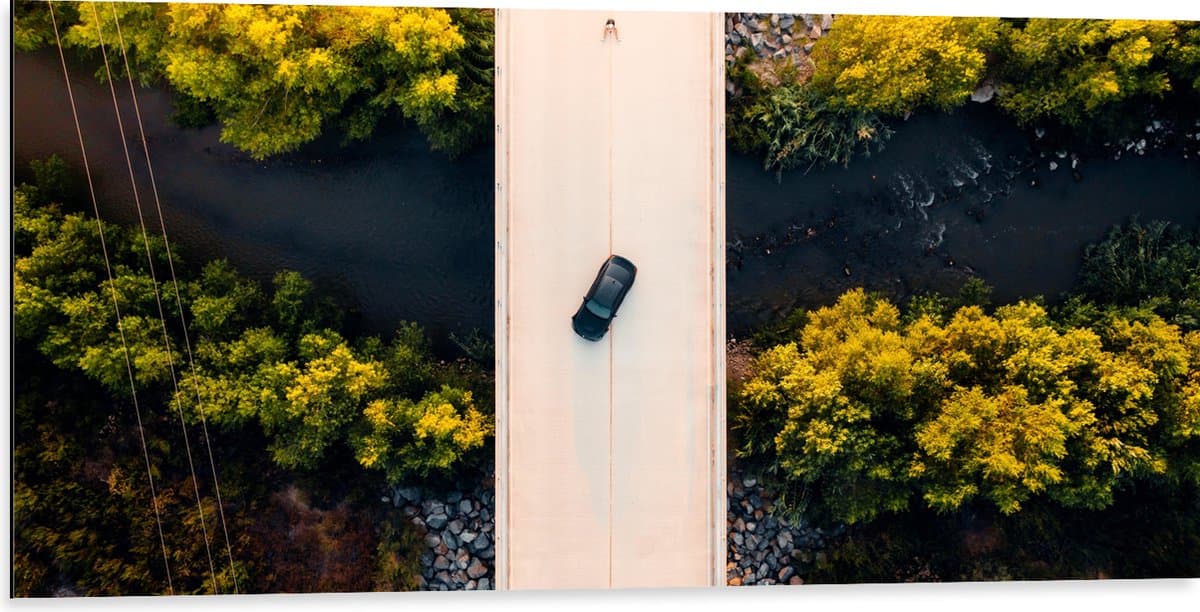 Dibond - Bovenaanzicht van Zwarte Auto boven op Brug in Landschap - 100x50 cm Foto op Aluminium (Wanddecoratie van metaal)