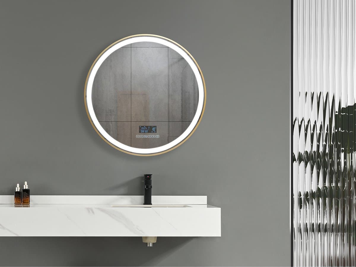 Mawialux LED Badkamerspiegel - 60cm - Rond - Geborsteld gouden rand - Verwarming - Digitale klok - Bluetooth - Josh
