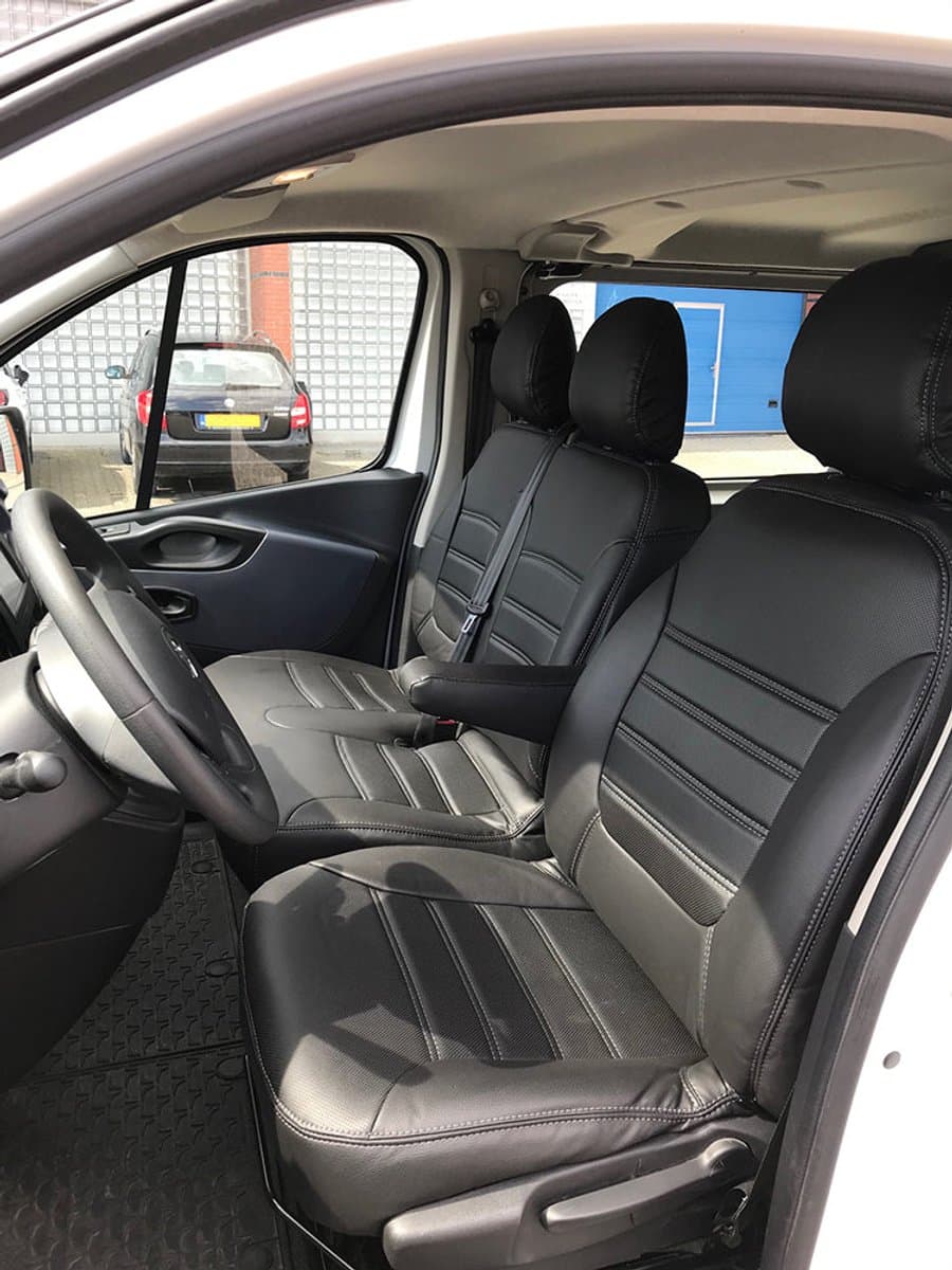 Pasvorm stoelhoezen Renault Trafic 2014-heden (past op bijrijdersbank zonder split met 2 losse hoofdsteunen) - Kunstleer zwart