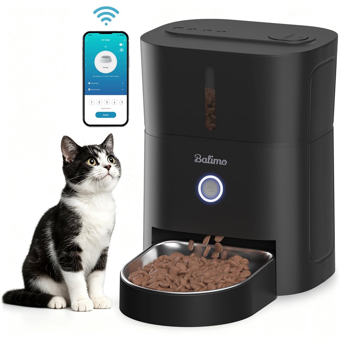 Balimo Automatische Voerbak Zwart - Voerdispenser 3L - WiFi Voerautomaat met App - Smartphone Besturing - Voor Katten en Hondenvoer - Alleen voor Droogvoer