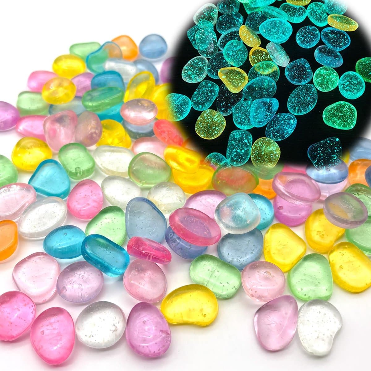 Dailygoods- Lichtgevende Stenen 100 Stuks - Grote Kiezelstenen - Kleurrijke Lichtgevende Stenen - Tuin/Aquarium Decoratie - 2 cm - Hars Lichtgevende Stenen - Tuinstenen