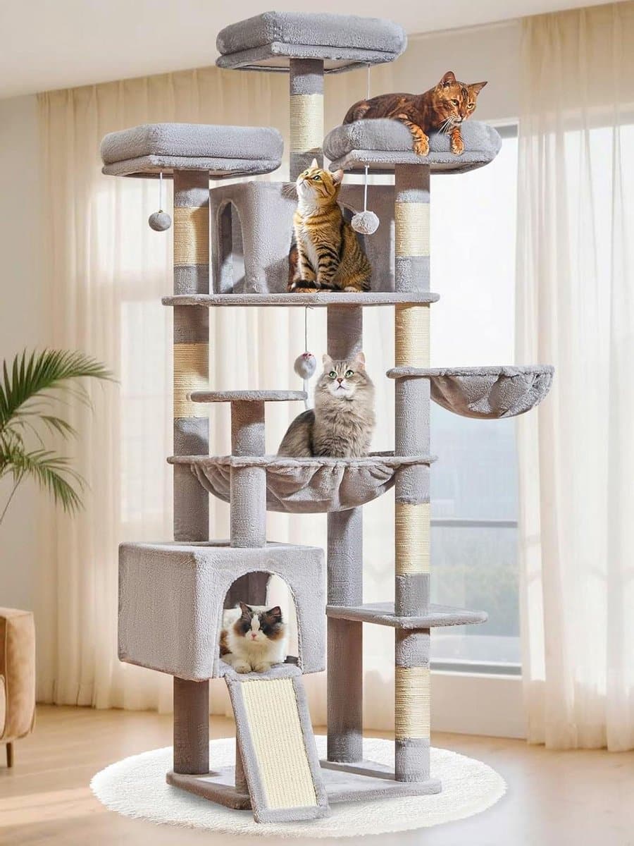Krabpaal XXL - Kattenboom - Meerdere katten spelen - Veelzijdige rustplekken - 193CM hoog - Lichtgrijs