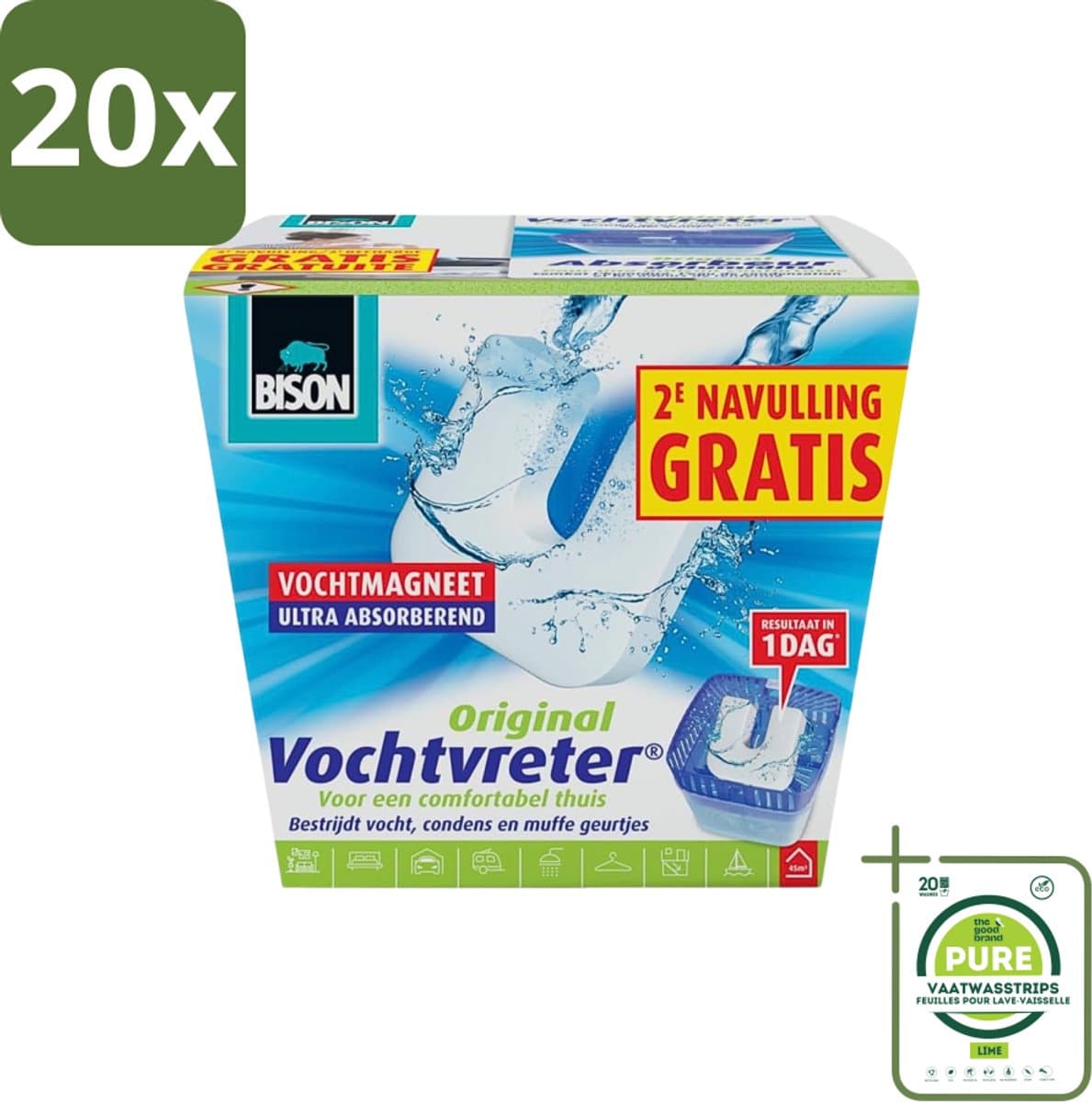 20 x Bison - Vochtvreter - Neutraal - Voor Woonruimtes, Campers & Caravans - 900 g + 2 Extra Navulmagneten - Grootverpakking - Vochtbestrijding - Vochtvanger - Luchtvochtigheid - Schimmel - Geur