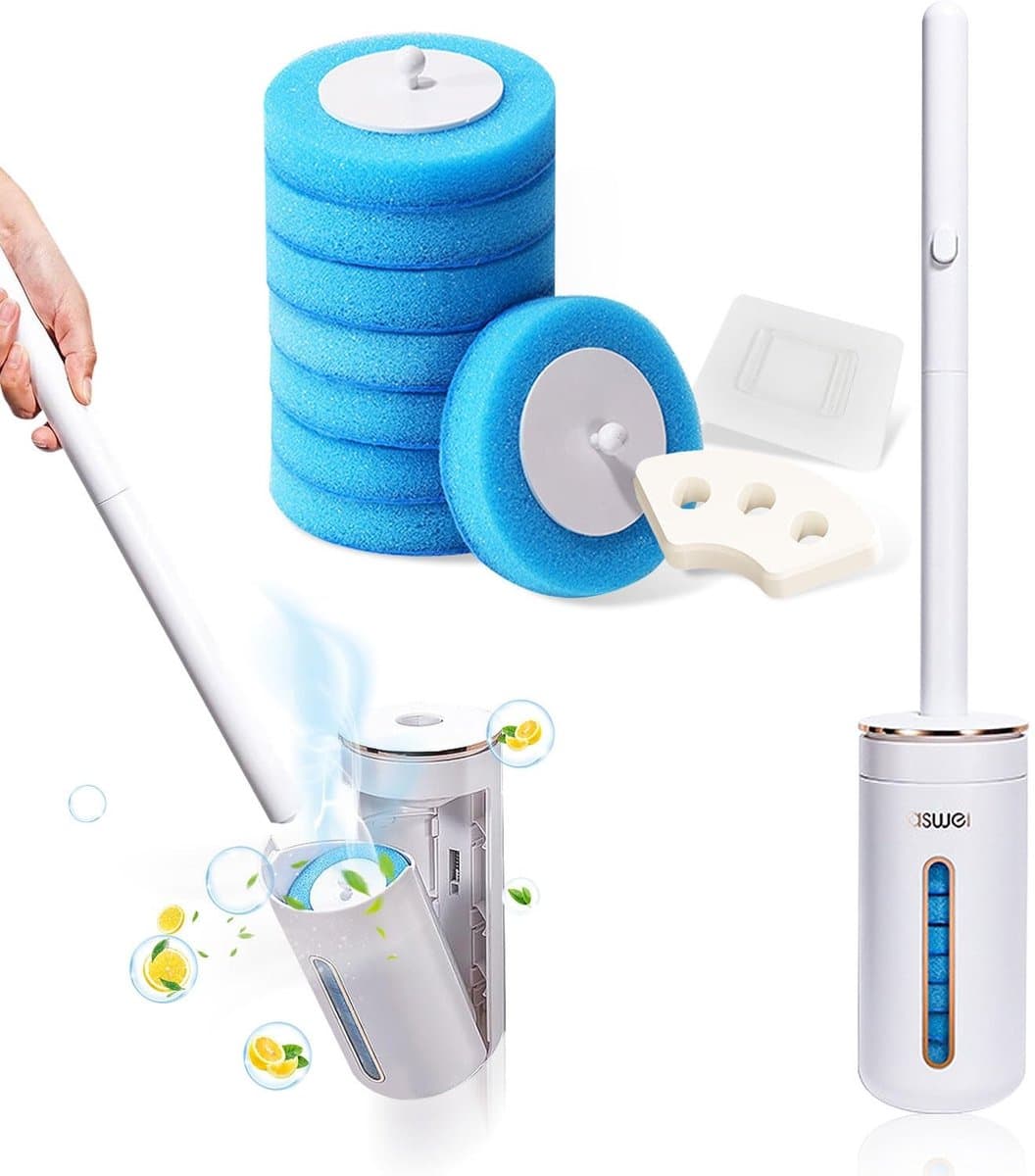 Elzusha- Toiletborstel set met 8 vervangbare opzetborstels - Opbergdoos - Eenvoudig te gebruiken - Handgreepontwerp - Aromatherapie tablet - Transparante doos - Wc Borstel