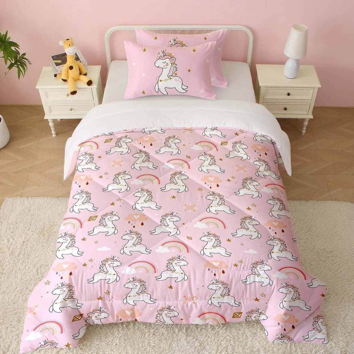 Dekbedovertrek Unicorn - Beddengoed Set - Kinderkamer Inrichten - 3D Print Patronen - 120x150+40x60cm - Roze