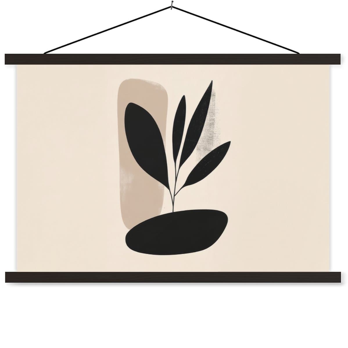 Posterhanger incl. Poster 150x100 cm - Schoolplaat - Plant - Beige - Japandi - Textielposter - Zwarte latten