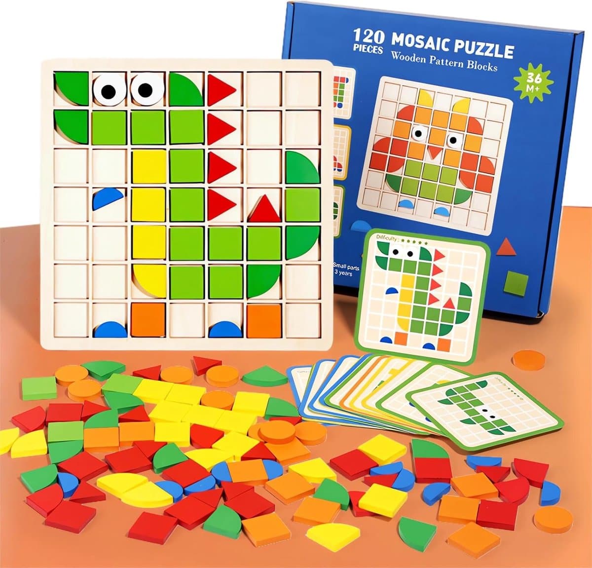 120-Delige Houten Mozaïek Puzzel & Vormen Set - Creatieve Patronen & Letters - Montessori Educatief Speelgoed - Fijne Motoriek Training - Voor Kinderen 3-6 Jaar