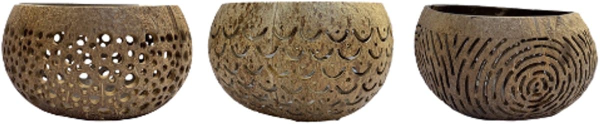 Homedeco – Decoratief Object – Kokosnoot – Donker - Handgesneden Patroon – Windlicht – Set van 3 – Naturel
