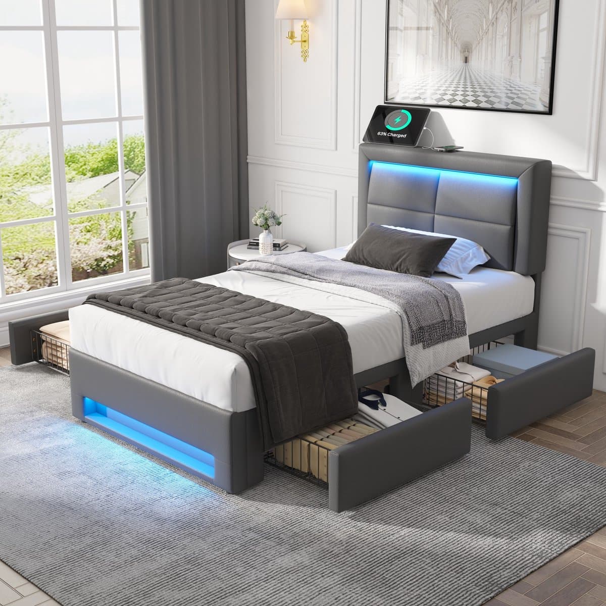 STILVORA Eenpersoonsbed 90x200 cm – Gestoffeerd Bed Met Lades En USB Oplaadfunctie – LED Verlichting En 4 Lades – Voor Slaapkamer En Kinderkamer – PU Leer – Grijs