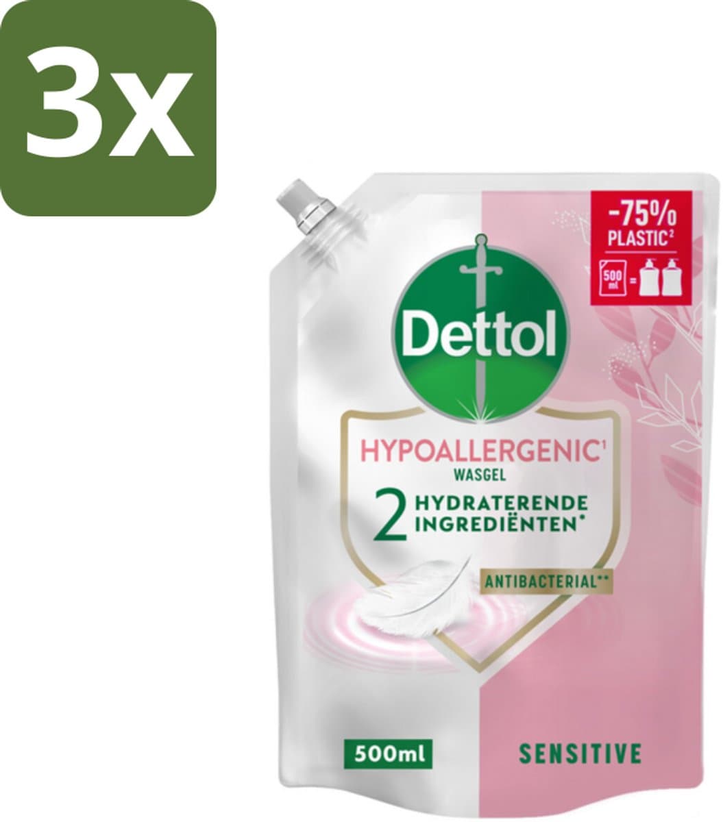 Dettol - Handzeep Navulling - Hypoallergenic - Sensitive - 500 ml - Bulkverpakking - 3 stuks