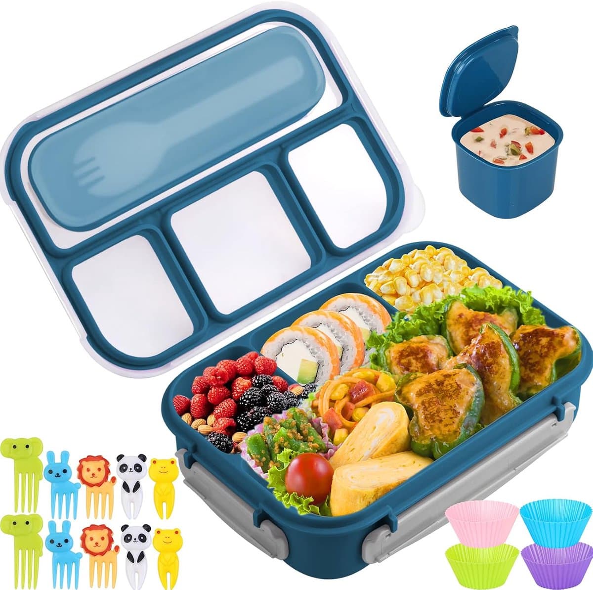 Lunchbox voor Kinderen en Volwassenen 1300 ml - Met 4 Vakken, Picks en Cakevormpjes - Lekdicht & Magnetron/Vaatwas/Vriezerbestendig - Roze