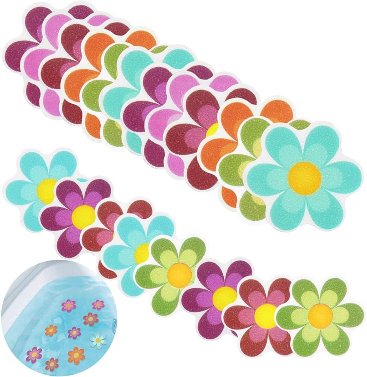 20 stuks antislip badsticker set - zelfklevend rubberen veiligheidsmatten voor badkuip en douche - 12 x 11,7 cm en 8 x 8 cm - bloemvormig design - kleurrijk