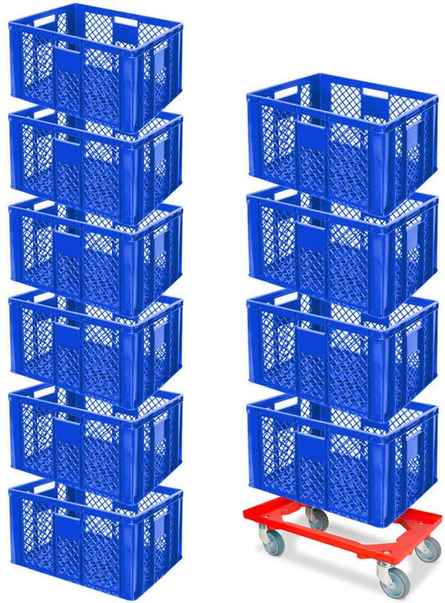 Set van 10 Stapelbakken Euromaat 60x40x32 cm Blauw - Industriële Kwaliteit Inclusief Transportwagen