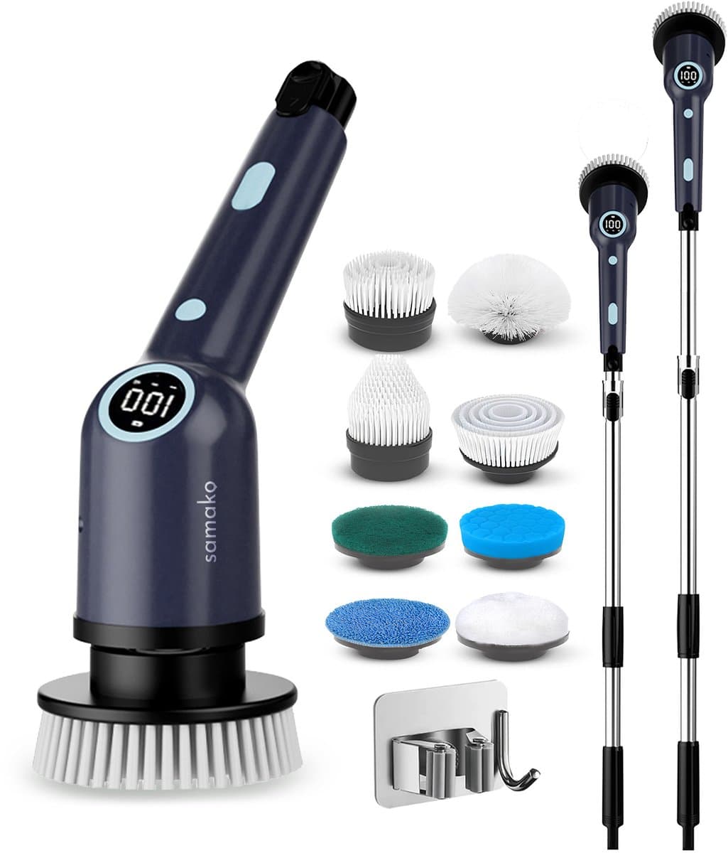 Samako Elektrische Schoonmaakborstel - Elektrische Schrobber - IPX6 waterdichte Schrobborstel met steel - 9 opzetstukken - Poetsmachine - Schrobmachine