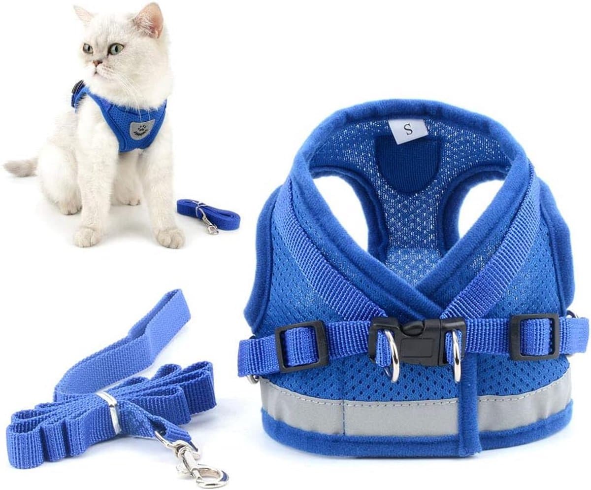 Verstelbaar en Ontsnappingsproof Kattenharnas en Lijnset met Reflecterende Details Blauw Maat L