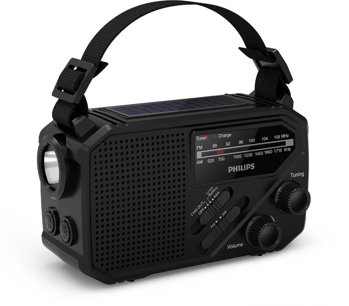 PHILIPS TAR1609 draagbare Noodradio FM/AM-radio met interne oplaadbare batterij, back-up met AAA-batterij en handslinger, zonne-energie, ingebouwde led-lamp en zaklamp als noodradio survival emergency radio voor kamperen, wandelen en stroomuitval