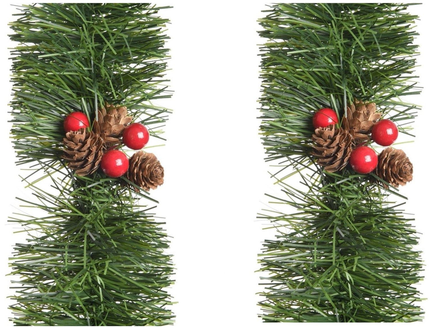 Kerstversiering folie/lametta slinger - 2x stuks - groen - met besjes en dennenappels - 270 cm - Kerstversiering en kerstdecoraties