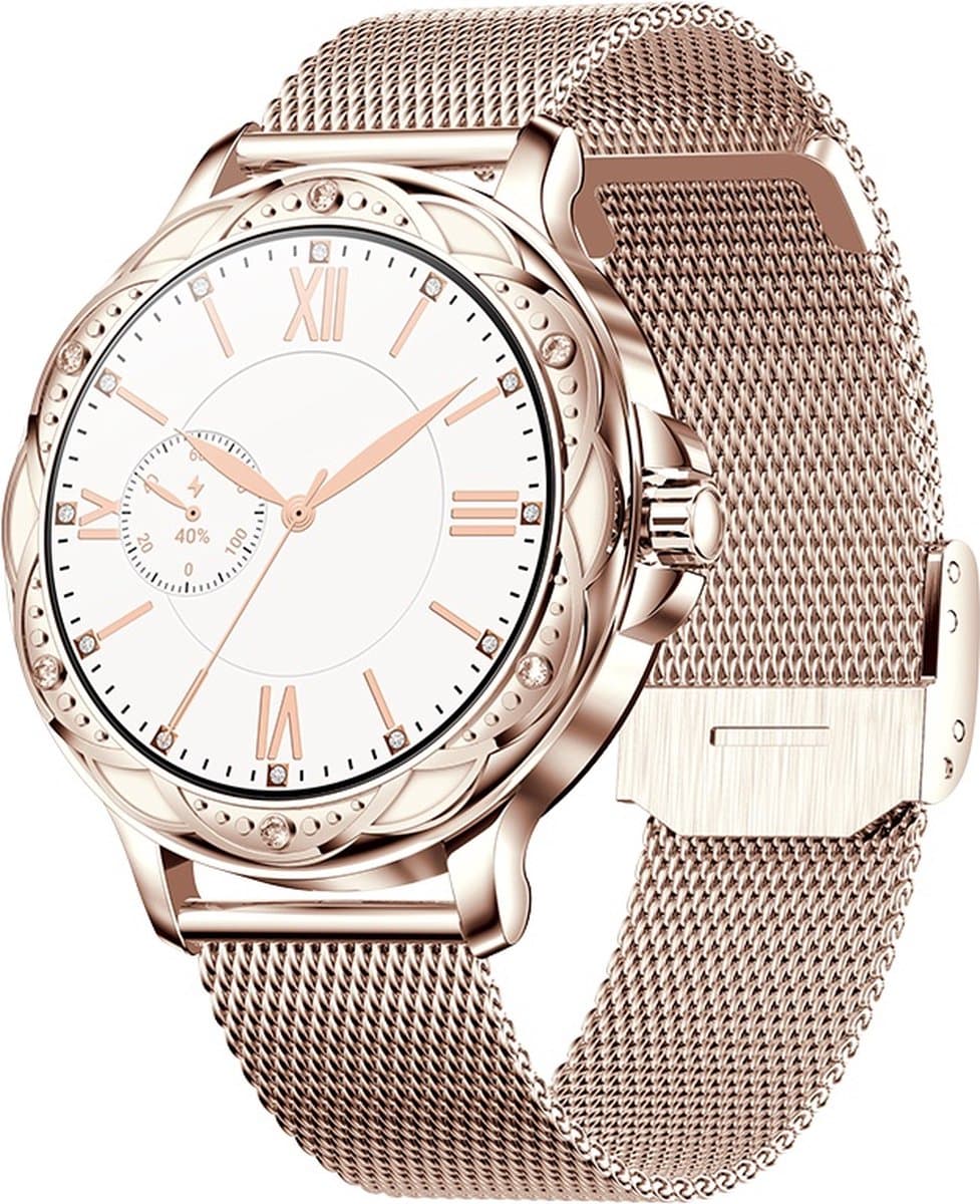 Belesy® Cheer - Smartwatch Dames – Stappenteller – Calorieën –Hartslag – Sporten –Je eigen foto als wijzerplaat - Full Touch – Goud - Milanees