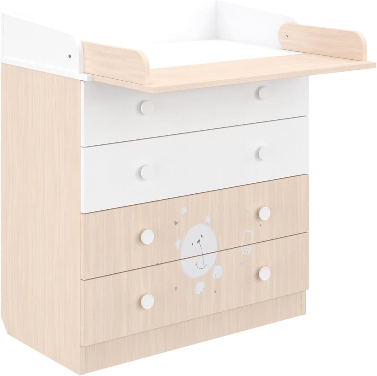 Babycommode - Commode Babykamer - Baby Verzorgen - Opklapbare Verschoonplank - 80 cm Breed - Wit Pastel Eiken