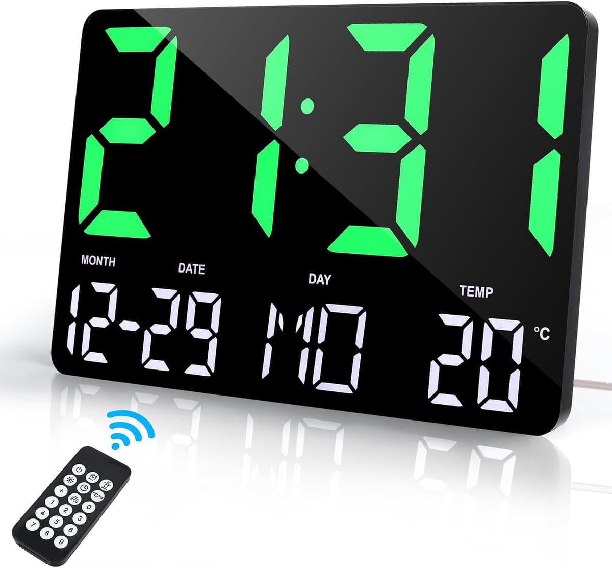 Bobypet - Klok - 12 inch digitale wekker - LED display - Grote cijfers,datum, temperatuur, snooze an afstandsbediening - Functie voor decoratie, slaapkamer, woonkamer, kantoor - Groen