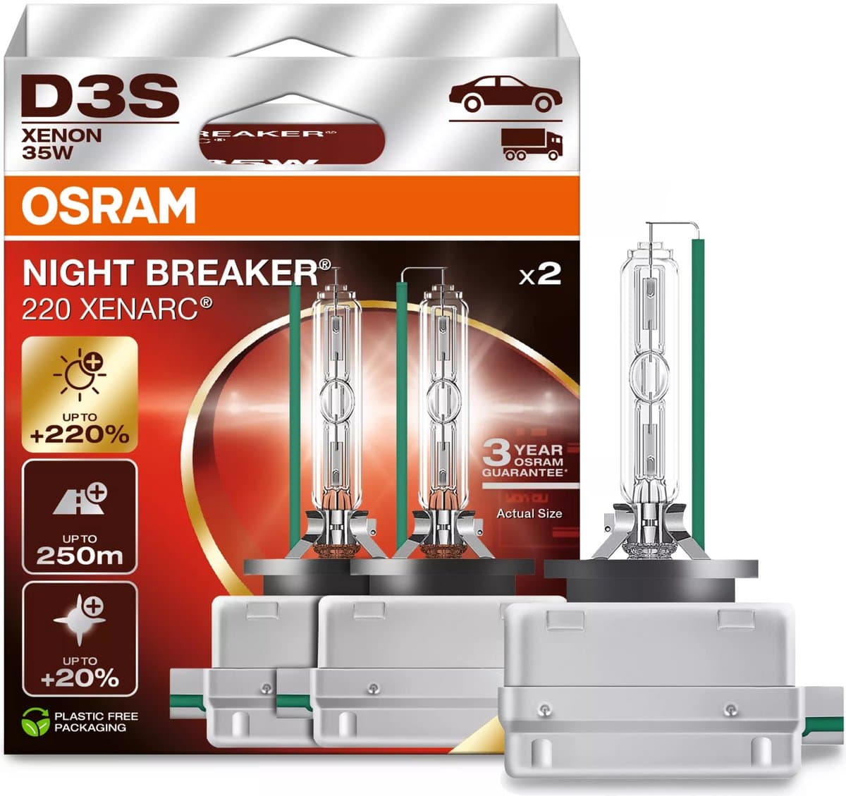OSRAM XENARC NIGHT BREAKER 220, D3S, +220% meer licht, Xenon koplamp, 66340XN2-2HB, 2 lampen