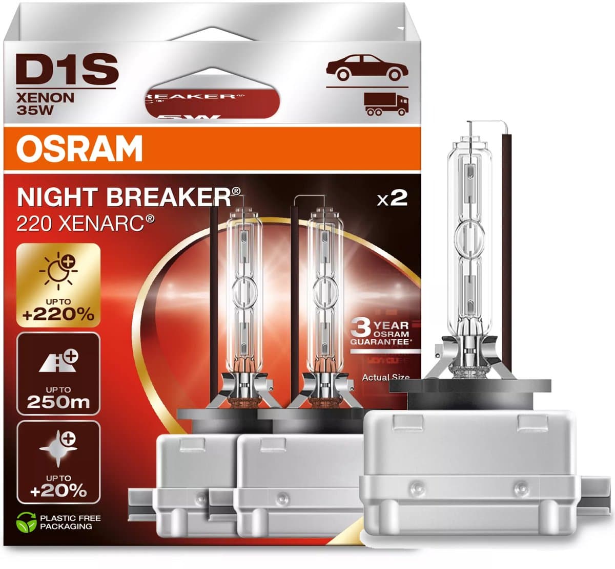Osram Night Breaker Xenarc Serie - Voertuigverlichting - 220% Heldere Xenonlampen - 250m Bereik - 20% Witter Licht