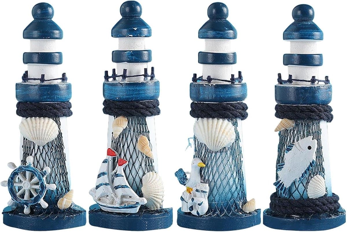 Miniatuur Vuurtorens - Decoratieve Set - Woonkamer Decoratie - Set van 4 - 13.5 cm Hoog - Meerdere Kleuren