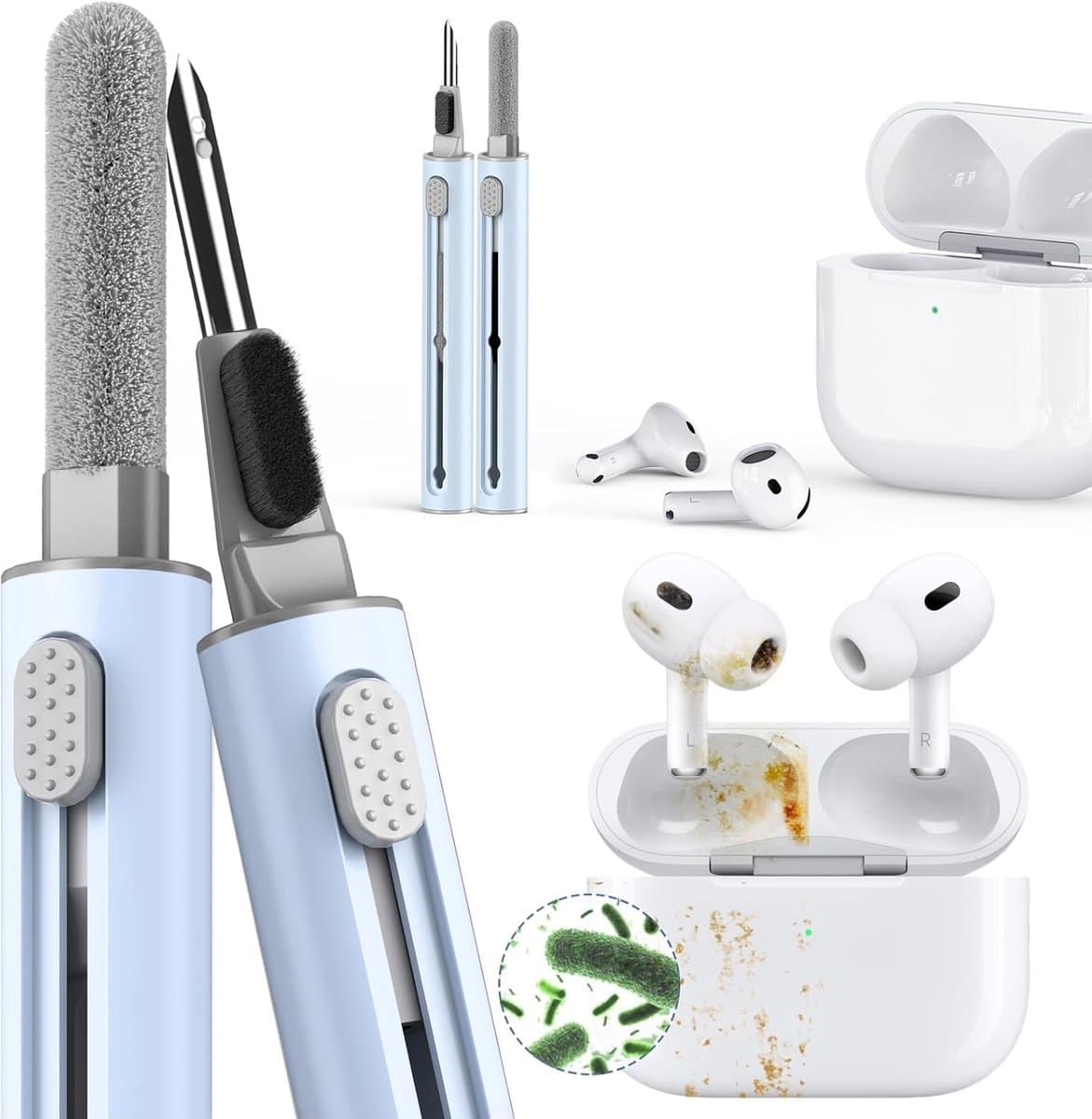 3-in-1 Schoonmaakset voor AirPods Pro, Oordopjes, Hoofdtelefoons en Elektronische Apparaten met Zachte Borstel (Lichtblauw)