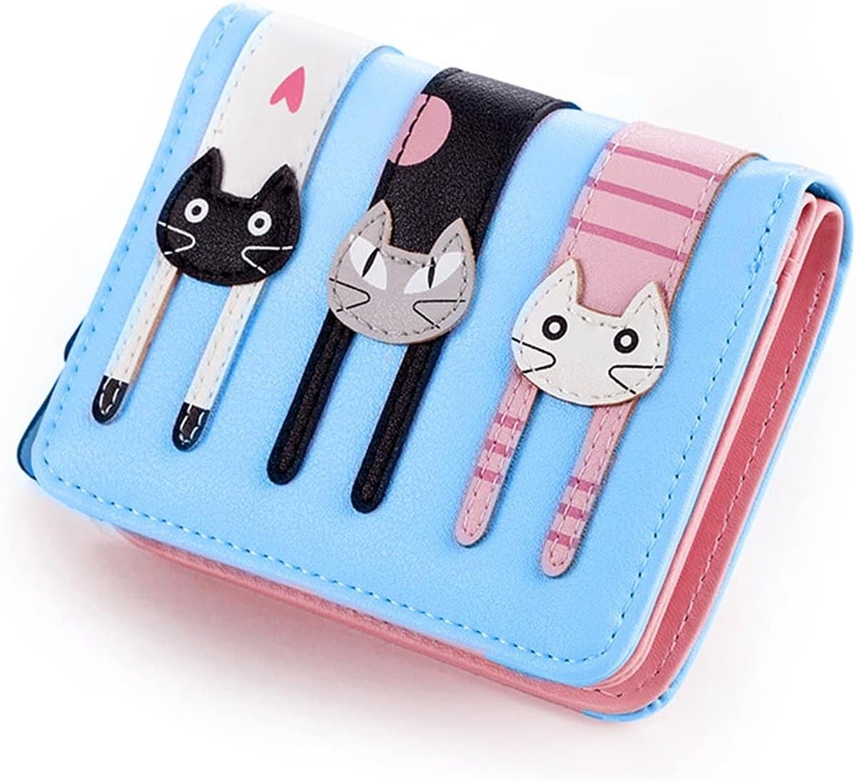 Decoratieve Lange Zipper Mini Portemonnee van Leer voor Meisjes en Vrouwen - Schattige Kat Ontwerp, Ideaal Cadeau voor Dierenliefhebbers (Blauw)