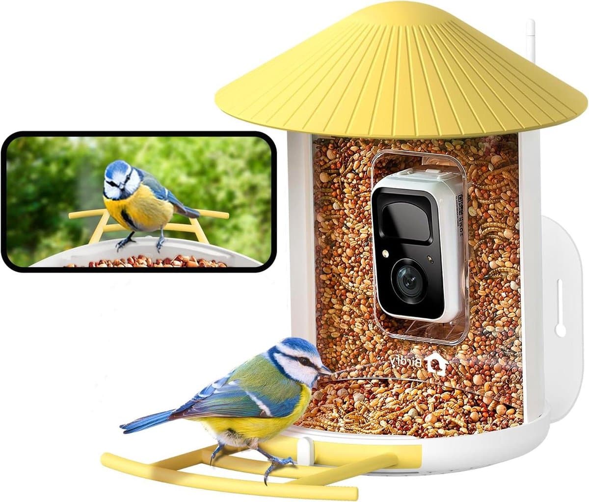 Vogelvoederhuis Camera - Vogelstation Video - Vogels Kijken - Full Colour Nachtzicht - 15 Liter Capaciteit - Geel