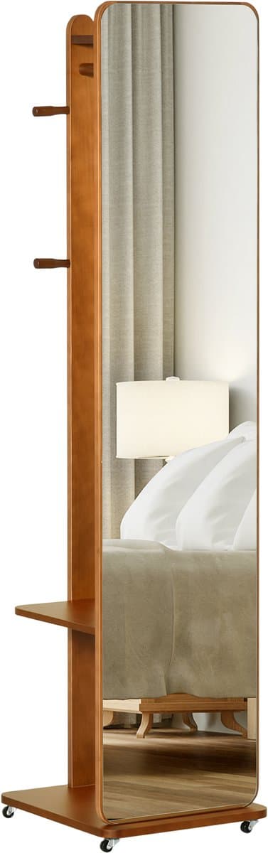Vrijstaande spiegel met wielen - kledingrek, 4 haken, MDF-plank met notenhout-look