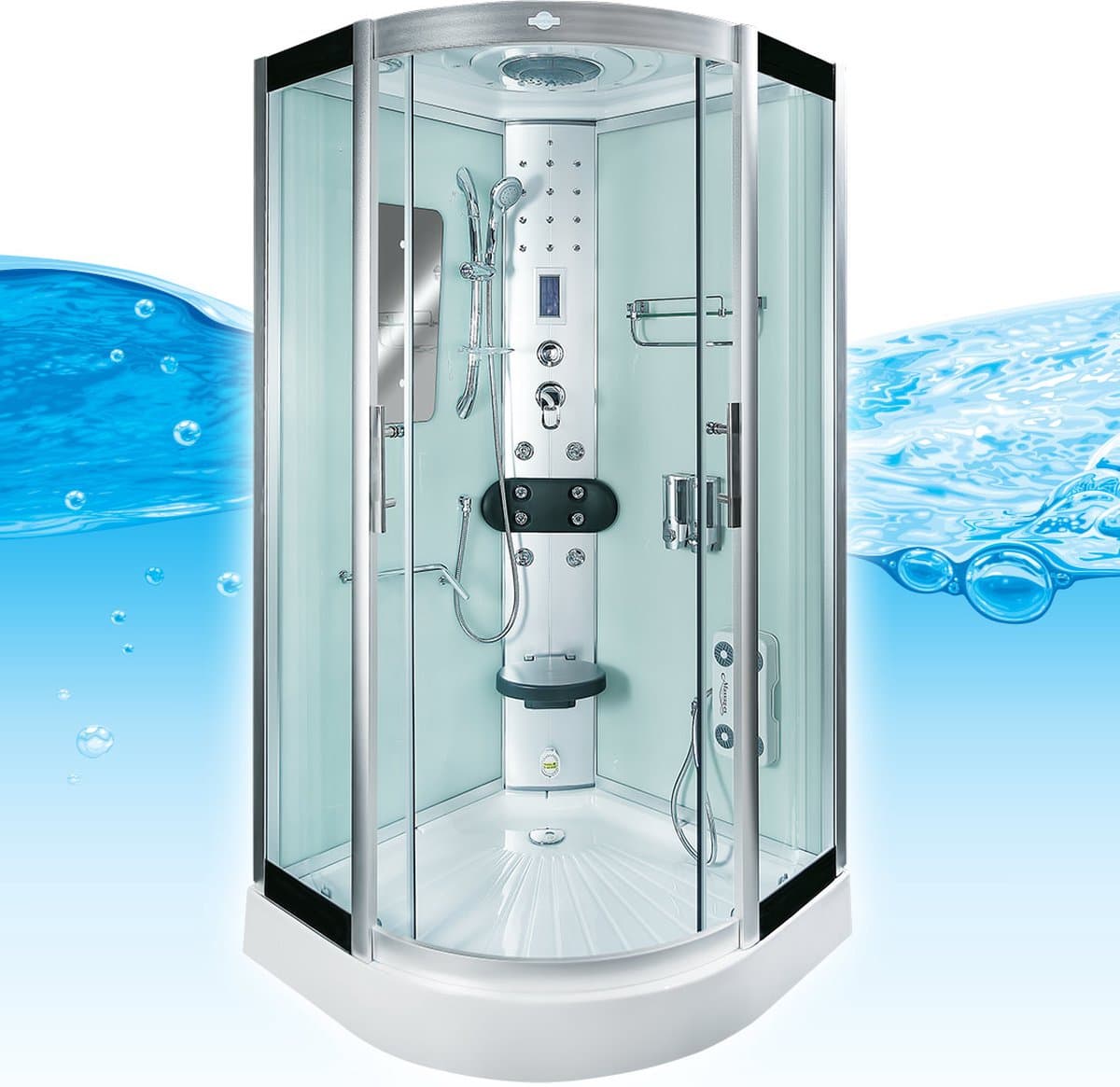 Stoomcabine 100X100X215 Palma. Luxe Stoomdouche, MENGKRAAN Uitvoering, Kit-Vrij, Wit, Veiligheidsglas, LED, Radio, Speakers, Zitje, Massage, Hoekmodel, Kwartrond, Schuifdeuren, Douchebak, Afvoer, Sifon, A Kwaliteit, Full Options.