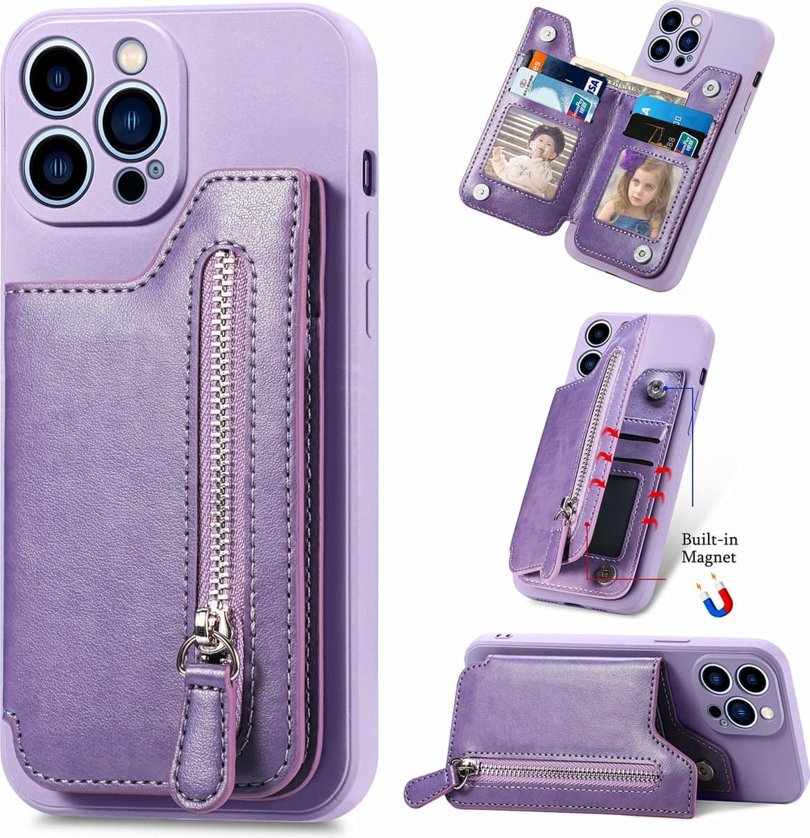 Luxe Hybride Rits Card&Cash Wallet Case + PMMA Screenprotector voor iPhone 14 Plus _ Paars